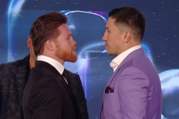 Фотография к новости: Дуэль взглядов перед реваншем провели Головкин и "Канело"