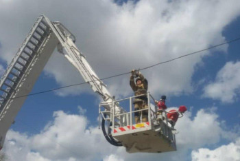 Фотография к новости: Пожарные Усть-Каменогорска на подъемнике спасли голубя, запутавшегося в проводах 