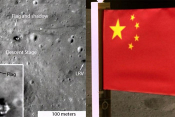 Фотография к новости: Динамичный снимок флага Китая на фоне ландшафта Луны впервые прислал аппарат "Чанъэ-5"