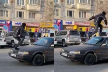 Фотография к новости: Капшагайский пранкер пробежался по машине на дороге и был задержан