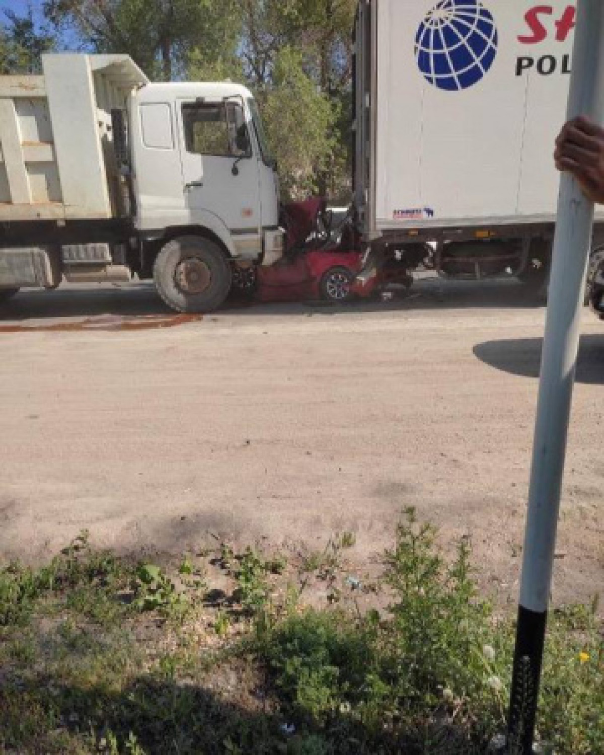 Два грузовика раздавили легковушку на трассе в Алматинской области