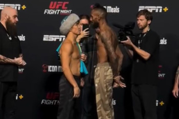 Фотография к новости: Асу Алмабаев встретился взглядом с американцем перед историческим боем в UFC