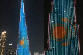 Фотография к новости: Бурдж-Халифа в Дубае засиял в цветах флага Казахстана